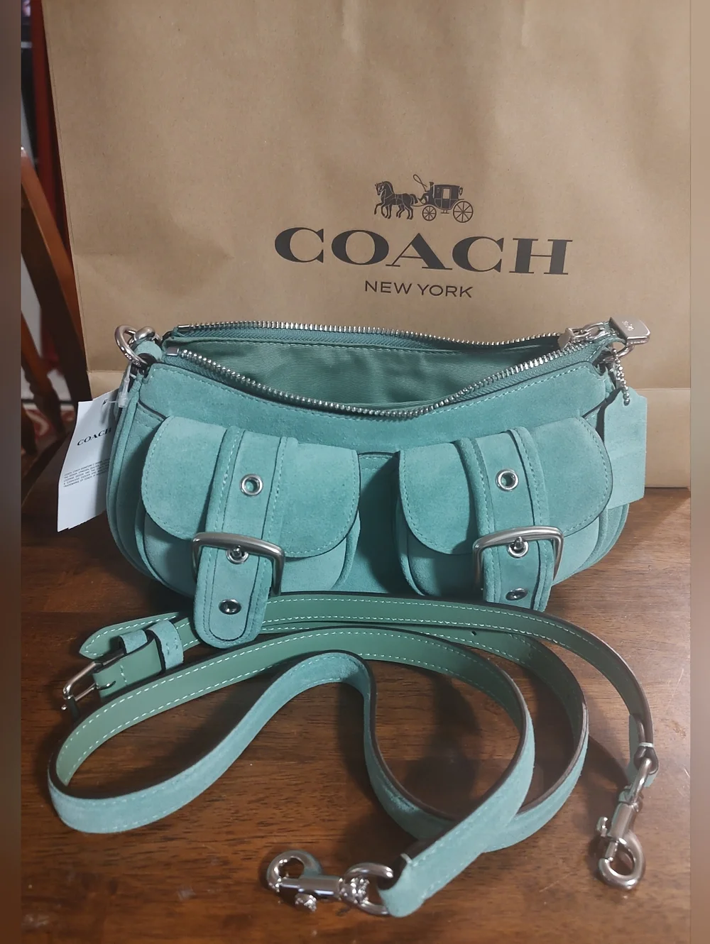 COACH Ashton Mint Green Suede Shoulder Bag with Front Buckle Pockets